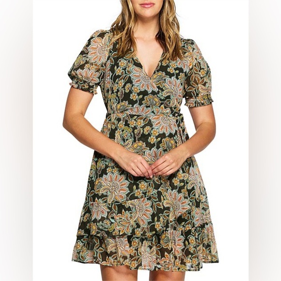 Estelle Floral Chiffon Faux Wrap Mini Dress Size 3X Green Boho V-Neck Ruffle NWT - Picture 1 of 14
